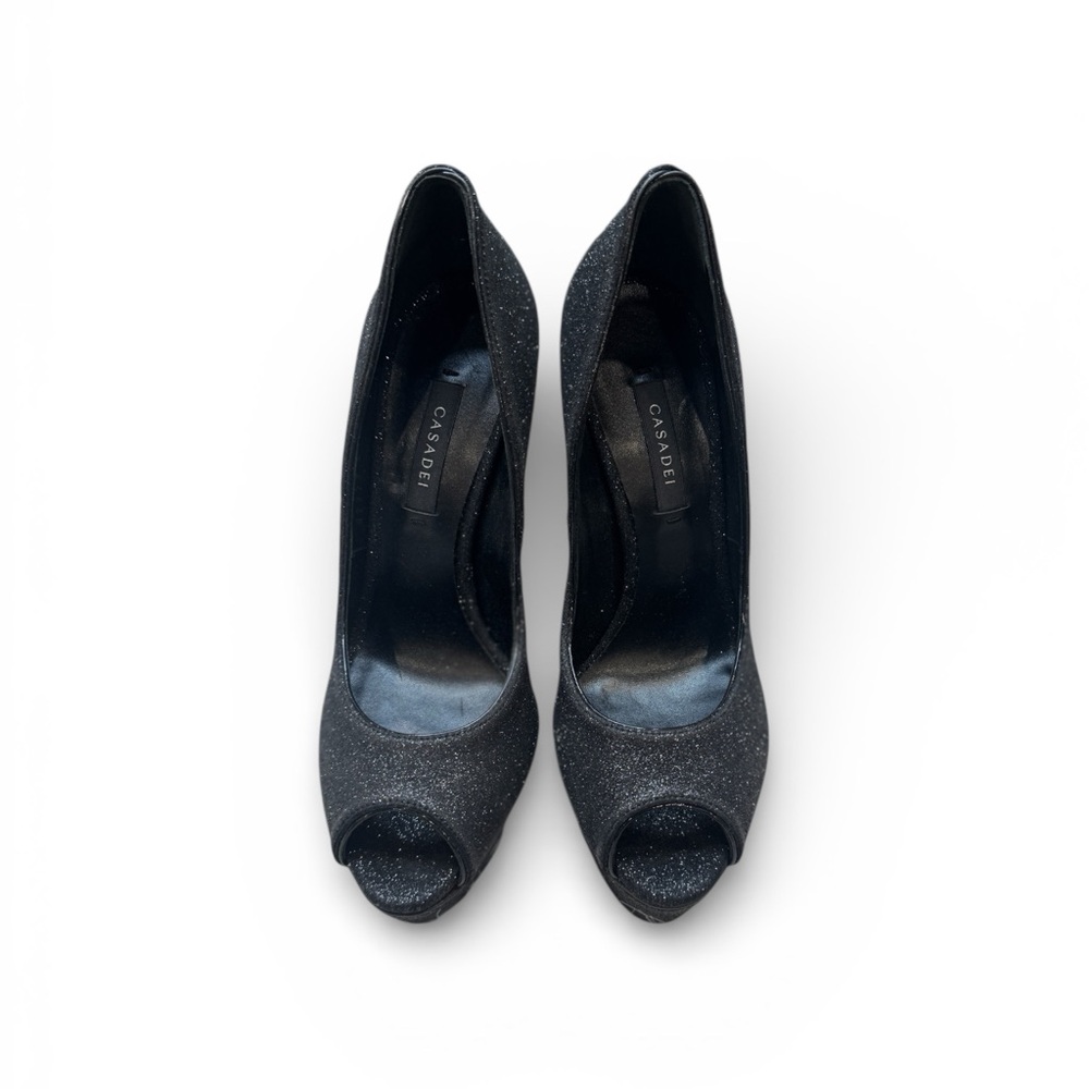 Casadei Glitter Black Peep-Toe Heels